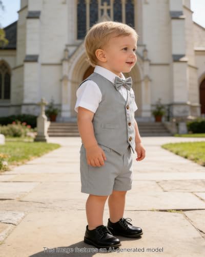 Image of SANGTREE Baby Boy Suit Wedding Ring Bearer Outfits Vest Short Sleeve Bowtie Shirt Suspender Summer Gentleman Shorts Sets