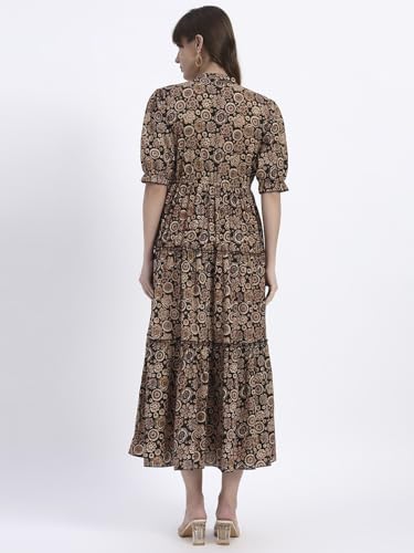Image of Women's Fit and Flare Dress I Pure Cotton Long Summer Maxi Dress I V-Neck I Casual Wear I Printed Kalamkari Floral Middi