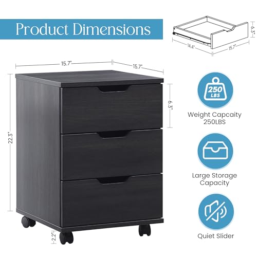Image of Farini 3-Drawer Under Desk Wooden File Storage Cabinet with Lockable Caster for Home Office,Black,Required Assembly