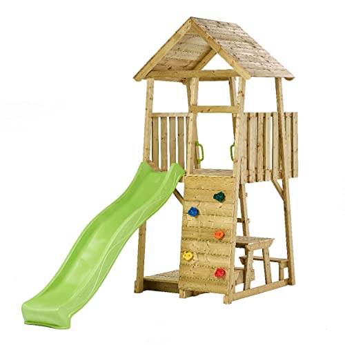 Kangui Tour de Juegos Madera Wiki - Tobogán, Pared de escalada, cabaña, escalera, mesa y sandbox
