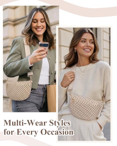 WOOMADA Checkered PU Bum Bag Sling Purse with Adjustable Strap for Travel(Ivory Light Khaki Check) — view 4