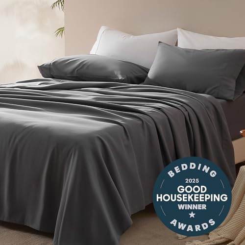 SLEEP ZONE Nanotex Super Soft Cooling King Bed Sheets Set 4 Piece - Easy Care Fitted Flat Sheet & Pillowcase Sets - Wrinkle Free, Fade Resistant, Deep Pocket 16" (Gray, King)