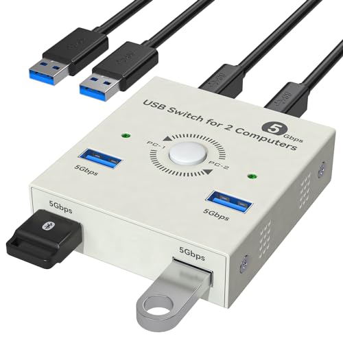 Image of USB 3.0 Switch 2 Computers Sharing USB A 4 Port Switcher Sharing Keyboard and Mouse, Printer /Scanner USB Switch Hub for Two Computers with 2 USB3.0 Cables
