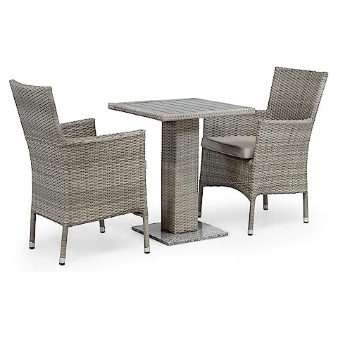 Muse & Lounge Co. Pecos Transitional 3-Piece Metal and All-Weather Wicker Square Patio Table and Armchairs Set with Cushion and Marble Base for Outdoor, Poolside, Garden, Yard, Natural Brown Cover