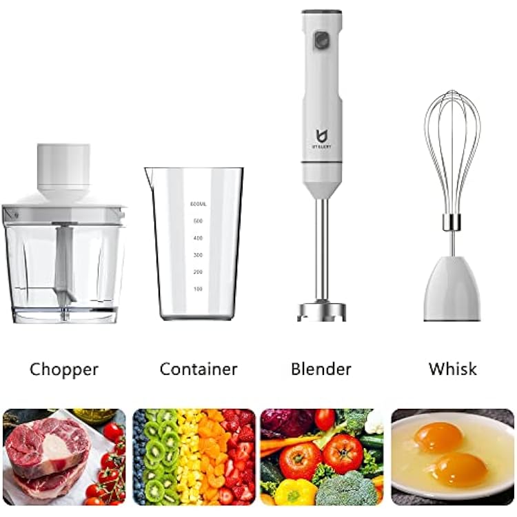 Cordless Hand Blender, UTALENT Variable Speed Immersion Blender Rechargeable, with 500ml Chopper, 600ml container, Egg Whisk, for Smoothies, Baby Food and Soups White