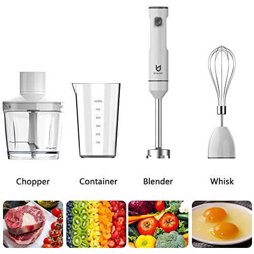 Cordless Hand Blender, UTALENT Variable Speed Immersion Blender Rechargeable, with 500ml Chopper, 600ml container, Egg Whisk, for Smoothies, Baby Food and Soups – White image 4