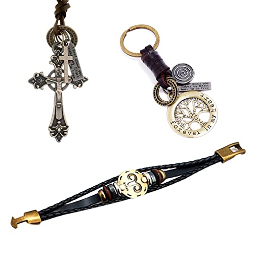 Soulnioi Aries Constellation - Pulsera de cuero trenzada con colgante de cruz, bronce antiguo, cordón negro, ajustable, llavero de cuero con árbol de la vida, para hombres y niños Cover