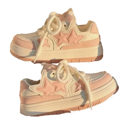 NYSDM Zapatos Kawaii Rosa Plataforma Zapatillas Mujer Vintage Vulcanizar Primavera Verano Casual Tenis Femenino Zapatos planos, Pink, 35 1/3 EU