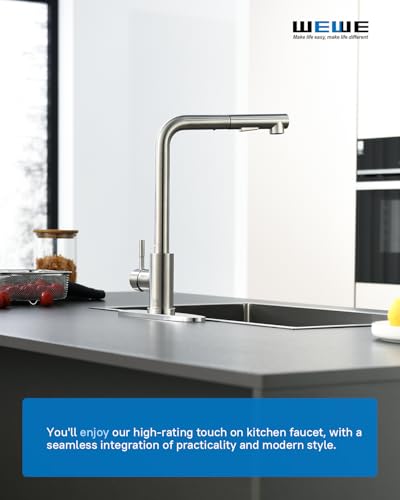 Modern Tall Kitchen Faucet with Pull Out Sprayer, Leak-Proof Durable Brushed Nickel Stainless Steel Single Handle Kitchen Sink Faucet for Laundry RV Bar Sink Easy Installation, 1 or 3 Hole