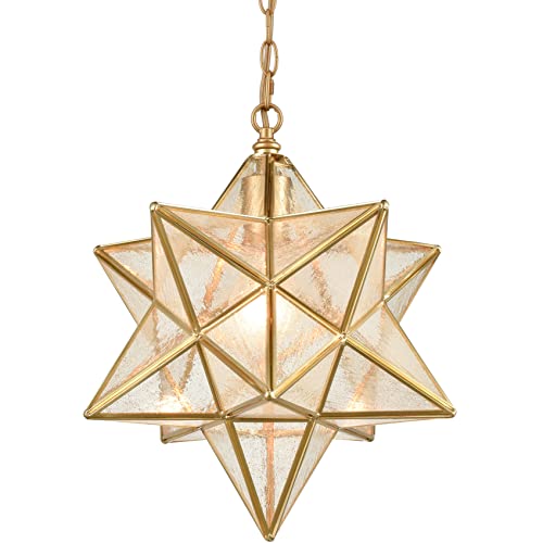 Image of DAYCENT Brass Moravian Star Pendant Lighting Seeded Glass Pendant Lights 13 1 /2 inches