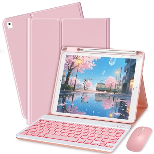 Bxomteng Keyboard Case for iPad 9th / 8th / 7th Gen 10.2 inch/Air 3rd / Pro 10.5 inch - 7 Colors Backlit Keyboard Cover and Mouse (Pink)