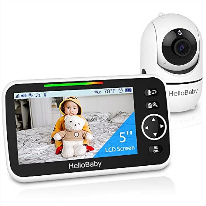 HelloBaby Monitor, 5''Display, Pan-Tilt-Zoom Video Baby Monitor with Camera and Audio, Night Vision, 2-Way Talk, Temperature, 8 Lullabies and 1000ft Range Baby Monitor No WiFi for Elderly