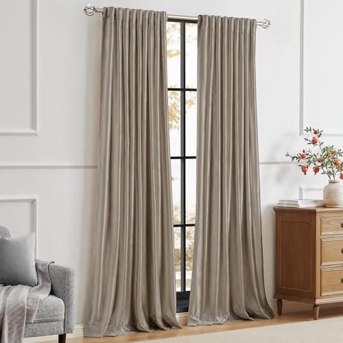 Image of PRIMROSE Taupe Curtains 96 inch for Living Room,2 Panels Velvet Drapes Blackout Rod Pocket Back Tab Window Treatment Room Darkening Decorative Thick Curtains for Bedroom