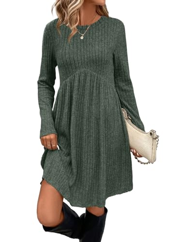 OFEEFAN Sweater Dress Long Sleeve Empire Waist Dress Fall Dresses Winter Dresses with Pockets Green S