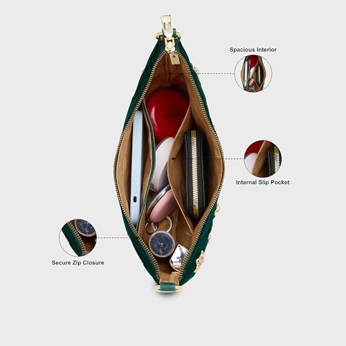 Image of Caprese Sapphire Small Hobo Bag for Women | Embroidery Velvet Sling Bag with Decorative Metal Flowers & Detachable Chain | Ideal for Festive Occasions