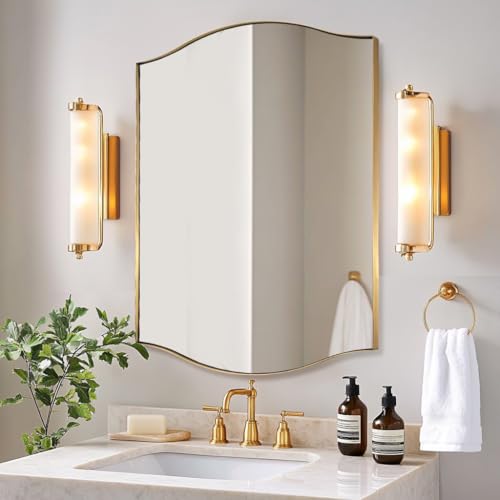 Image of ANDY STAR 30 inchx40 inch Scalloped Wall Mirror, Brushed Gold Rectangle Bathroom Mirror with Curved Edge Stainless Steel Metal Frame, Large Wall-Mounted Mirror for Bathroom, Entryway (Horizontal /Vertical)