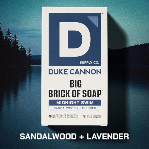 Image of Duke Cannon Big Brick of Soap - Sandalwood + Lavender Scent - Large Triple-Milled Bar Soap for Men, Long-Lasting, Moisturizing with Natural Oils, Supports U.S. Veterans, Midnight Swim (10 oz.) | Sandalwood + Lavender Scent - Triple-Milled Men's Bar Soap - Deep-Cleansing Bath Bar