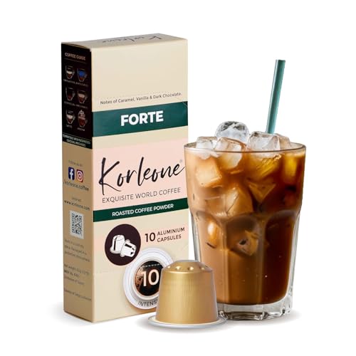 Image of KORLEONE Forte Aluminium Nespresso Compatible Coffee Pods 40 Capsules Pack of 4 Arabica Robusta Blend Intensity 10 Medium to Dark Roast Level