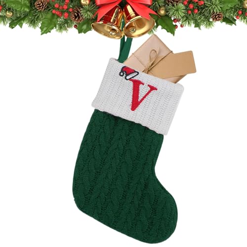 Calza per albero di Natale,Calze natalizie con iniziali ricamate, 26 decorazioni per calze ricamate con iniziali, Borsa regalo festosa Calze stagionali di colore bianco verde per porta, scale