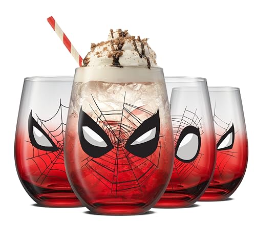 Image of JoyJolt Marvel Spider-Man Spidey-Sense Stemless Drinking Glasses, 19oz Superhero Glass Tumblers, Set of 4 Drink Glasses, Marvel Gifts for Men and Women