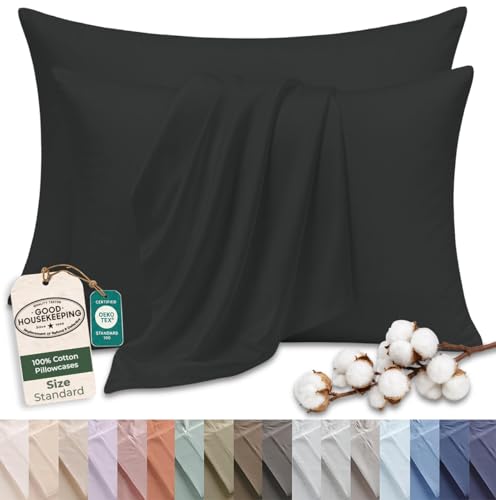 Image of Royale Linens 100% Cotton Pillow Cases Standard Size Set of 2 - Percale Pillowcase - Black Pillow cases Super Soft Cooling & Breathable Hotel Cotton Pillowcases, Fits Standard Pillows (20 inchx26 inch, Black)