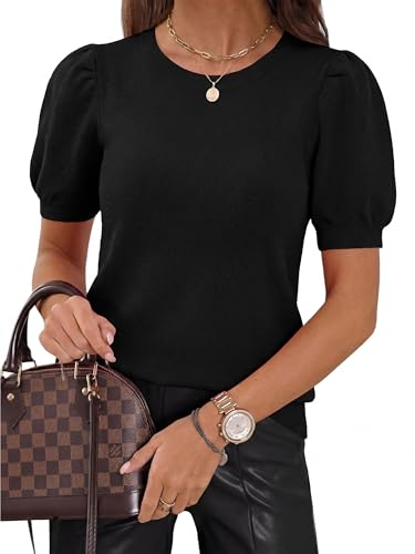 Image of PRETTYGARDEN Womens Sweaters Spring 2026 Summer Puff Short Sleeve Sweater Trendy Cute Knit Work Blouses Business Casual Tops