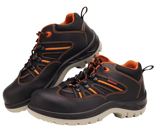 Image of KARAM FS63 Buff Black Leather Sporty Safety Shoes for Men | Double Density with Fiber Toe | Antislip, Oil & Heat Resistant | Size-04