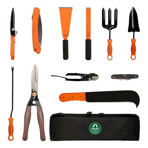 TrustBasket Titan Tool Kit - Gardening Tools Kit for Home Garden, 11 Pcs Garden Tools for Home Gardening Set with Bag - Khurpi, Grass Sickle Cutter Head, Pruning Saw, Secateur, Shears