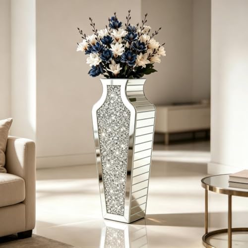 27" Tall Diamond Mirrored Floor Vase Silver Glass Decor for Flower No Water