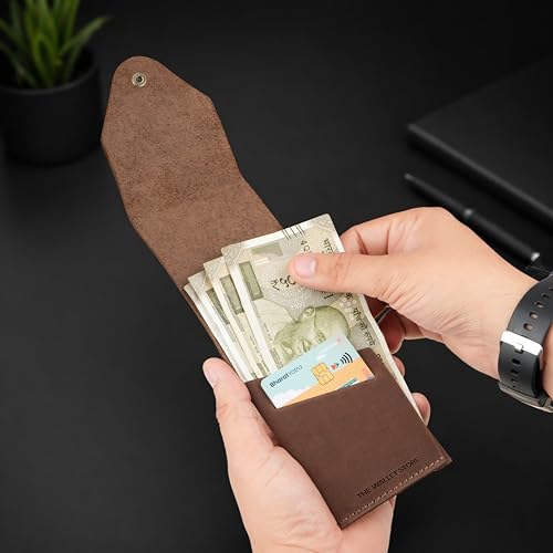 Image of The Wallet Store Flip 2.0 Genuine Leather Vertical Slim Wallet for Men | Easy Quick Card Access | Compact Front Cash Pocket & Button Lock | Minimalist Travel & Daily Carry Wallet (Brown)