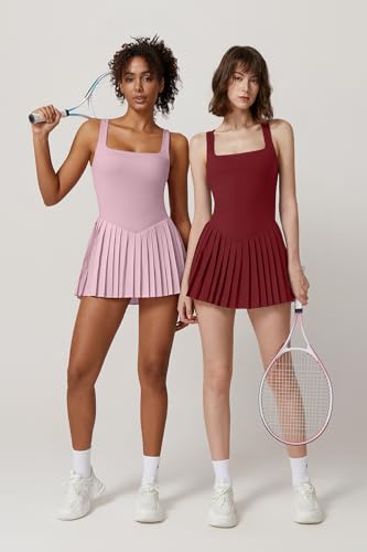 Image of QINSEN Womens Square Neck Tennis Dress Pleated Sleeveless Built in Shorts Golf Athletic Dress with Pockets