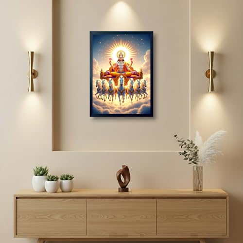Image of ARTFUL TOY BOX - Surya Dev with Seven (7) Horses Photo Frame Wall Hanging | Divine Solar Chariot Design | Spiritual Surya Dev Painting | Glossy Finish | Premium Black Fiber Frame | Devotional Home Decor - 12x18 Inch (30x45 cm) (Design 2)