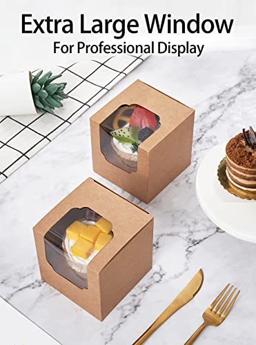 Happyhiram Cupcake Boxes 50 Pcs Brown Kraft Individual Cupcake Box, Single Cupcake Containers Paper Holders With Inserts And Window For Muffins Cookies Cocoa Bombs Packaging Togo Boxes For Birthdays Showers Party Favors Packing #TOP5