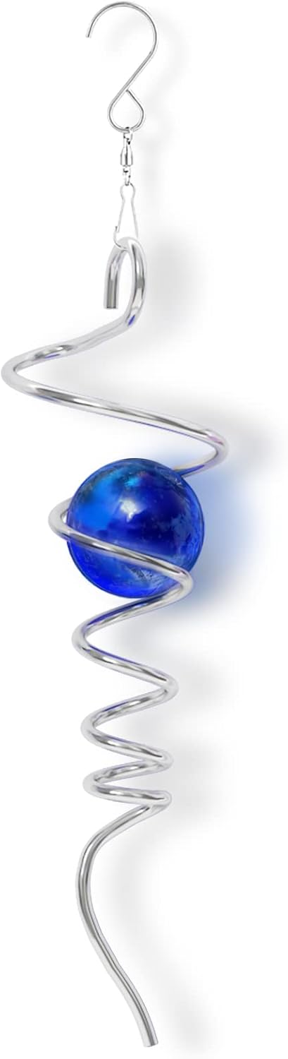 Gazing Ball Spiral Tail Wind Spinner, 13 Inch Stainless Steel with Hanging 360° Swivel Hook, Dark Blue K9 Crystal Glass Orb Captivating Visual Illusion Spinning Garden Yard Patio Spinfinity Decor Gift