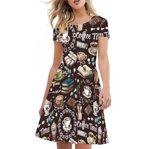 Image of POLERO Women Puffy Swing Elegant Party Midi Dresses Short Sleeve Round Neck A-Line Dress