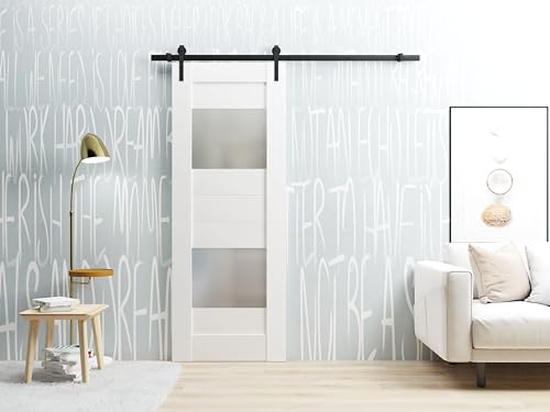 VDOMDOORS Modern Barn Door 24x84 inches Opaque Glass 2 Lites/Sete 6222 White Silk / 6.6FT Rail Track Heavy Hardware Set/Solid Panel Interior Doors