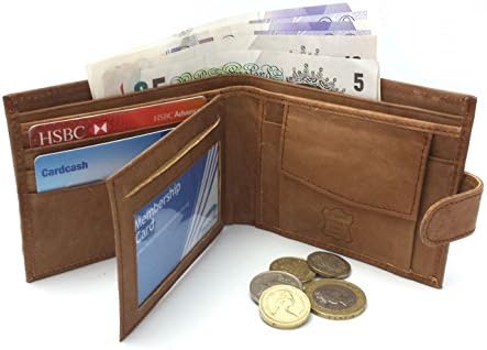 Buono Pelle Wallets Mens Slim RFID Blocking Genuine Leather with Zip Coin Pocket, Banknote Compartments, Card Holders Pouch ID Window. Wallet for Men with Gift Box (Distressed Tan)