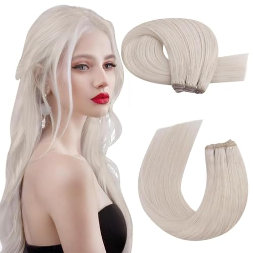 Moresoo Weft Hair Extensions Real Human Hair White Blonde Hair Weft Real Human Hair Extensions Blonde Remy Straight 24 Inch 100G #60A