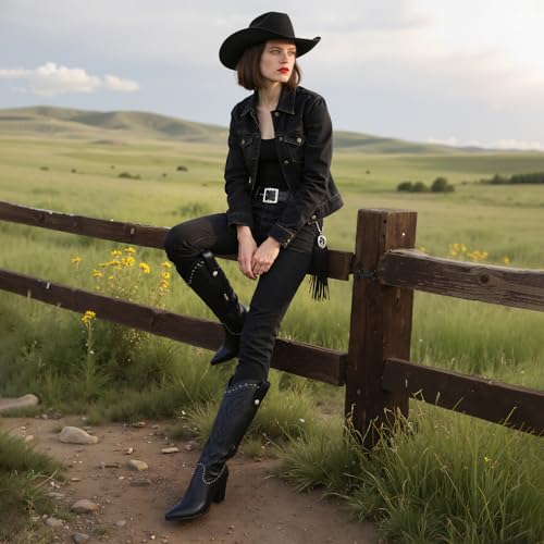 Image of VOMIRA Knee High Cowboy Boots for Women Pointed Toe Chunky High Heels Pull-on Embroidered Boots Western Boots Wide Calf Cowgirl Boots