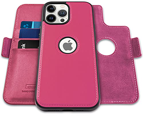 WenBelle for iPhone 14 Pro (6.1 inch),2-in-1 Magnetic Detachable TPU Shockproof Genuine Leather Wallet Case,RFID Blocking Protection,Viewing Stand and Card Slots Flip Cases (Rose Red)