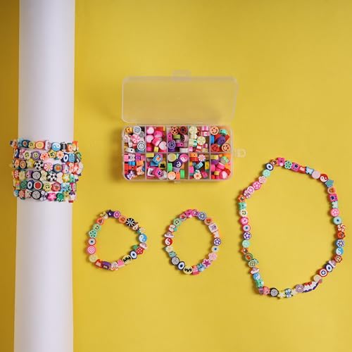 Image of Ambitieux 10-Partition Rubber Beads Bracelet Making Kit for Kids | 10 Designs of Emoji, Heart, Flower, Butterfly Beads | Includes Elastic Thread & Mini Scissors | DIY Jewellery Craft Set for Girls & Boys
