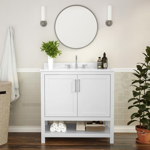 Flash Furniture Vega 36 Inch Bathroom Vanity with Sink Combo, Storage Cabinet with Soft Close Doors and Open Shelf, Carrara Marble Finish Countertop, White/White by Flash Furniture - Image 2