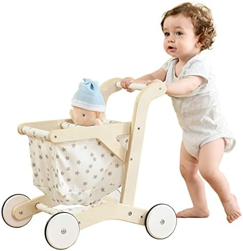 labebe Baby Push Walker Doll Stroller, Push Toy for Toddler, Shopping Cart for Girls and Boys 1 Years Old, Kids Stand Learning Walker, Wooden Play Wagon with Wheel