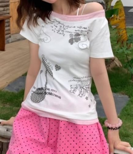 Image of Kawaii Cutecore Harajuku Y2k 2000s Tops Summer Preppy Aesthetic Alt Goth Emo Short Sleeve Graphic Tees