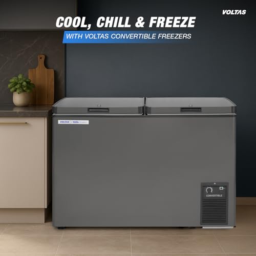 Image of Voltas 320 Litre, 4 star, Convertible Double Door Chest Freezer, Uni Directional Rollers, UV graded plastic (VOLTAS CVF320DA4-P-PL, White)