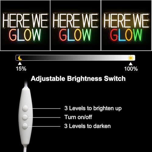 Image of Here We Glow Neon Sign Congrats Grad LED Light for Prom Night Party Decor | Dimmable Letter Neon Lights for Bedroom, Prom Light Up Signs, Acrylic Wall Art, USB Powered, Graduation Backdrop Decor, Gifts