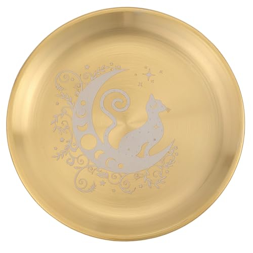 CREATCABIN Plato Ritual de Gato Lunar, Cuenco Plano de Acero Inoxidable para Altar, Bandeja Redonda Dorada, Cuenco para Ofrendas de Oración, Portavelas, Plato para Joyas, Quemador de Incienso 14cm