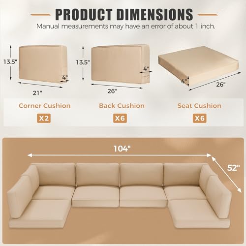 Crownland 14 Piece Outdoor Furniture Replacement Cushions, Sofa Cushions for 6 Seat Rattan Wicker Sectional Patio Conversation Sets, Water-Resistant Cushion, Light Brown