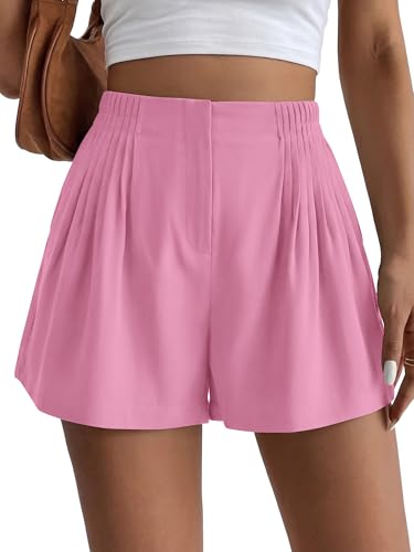 BTFBM Womens Shorts Casual 2026 Spring Summer Elastic High Waisted Pleated Cotton Shorts Beach Vacation Outfits Pockets(Pink, XX-Large)