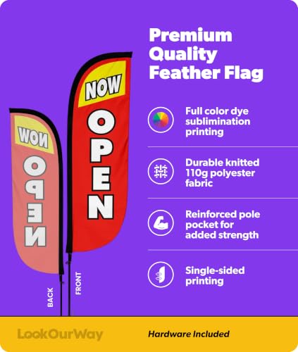 Image of LookOurWay Feather Flag Pole Kit - 7 Feet Tall Advertising Banner with Fiberglass Pole Set and Ground Spike for Business Promotion - Open Flags - Now Open Red & Yellow